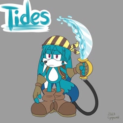 Size: 1080x1080 | Tagged: safe, artist:cyngawolf, kit the fennec, oc, oc:tides, sonic prime, character name, frown, grey background, holding something, lidded eyes, looking at viewer, pirate outfit, signature, simple background, solo, standing, sword, water