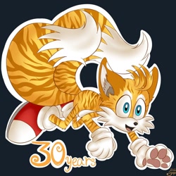 Size: 1080x1080 | Tagged: safe, artist:cyngawolf, miles "tails" prower, all fours, english text, looking offscreen, male, mouth open, outline, pawpads, simple background, smile, solo, stripes