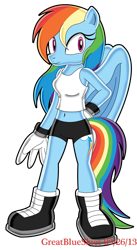 Size: 1024x1867 | Tagged: safe, artist:greatblueskies, 2013, barely sonic related, crop top, hand on hip, mobianified, my little pony, pegasus, pony, rainbow dash, shorts, simple background, smile, solo, standing, transparent background, uekawa style