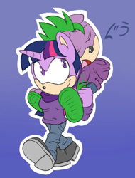 Size: 400x526 | Tagged: dead source, safe, artist:atomiclance, barely sonic related, brother and sister, dragon, duo, female, gradient background, male, mobianified, my little pony, outline, pony, riding on back, signature, sleeping, smile, spike (mlp), twilight sparkle, unicorn, walking
