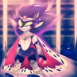 Size: 768x768 | Tagged: safe, artist:cocoa_cola_boi, 2020, abstract background, barely sonic related, cape, green sclera, king sombra, male, mobianified, my little pony, smile, solo, standing