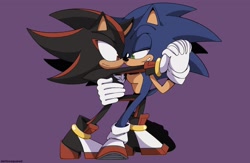Size: 2048x1338 | Tagged: safe, artist:dehloosquared, shadow the hedgehog, sonic the hedgehog, 2023, dancing, duo, gay, holding each other, holding hands, looking at each other, purple background, shadow x sonic, shipping, simple background, smile
