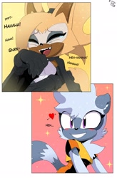 Size: 1341x2048 | Tagged: safe, artist:buddyhyped, tangle the lemur, whisper the wolf, 2023, abstract background, blushing, duo, heart, laughing, lesbian, shipping, smile, sparkles, tangle x whisper