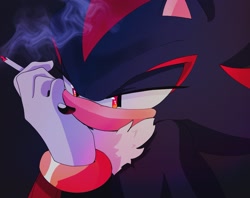 Size: 1799x1423 | Tagged: safe, artist:doryeon_sonic, shadow the hedgehog, 2023, black background, cigarette, head rest, holding something, lidded eyes, simple background, smoke, smoking, solo