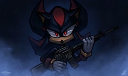Size: 1500x900 | Tagged: safe, artist:charcoalhorseda, shadow the hedgehog, 2023, abstract background, glowing eyes, gun, holding something, looking at viewer, mist, signature, solo, standing