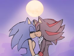 Size: 1080x810 | Tagged: safe, artist:hapaness146174, shadow the hedgehog, sonic the hedgehog, 2023, abstract background, blushing, duo, eyes closed, gay, holding hands, moon, nighttime, nuzzle, outdoors, shadow x sonic, shipping, smile, standing