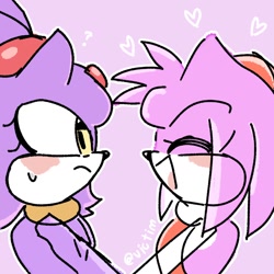 Size: 1280x1280 | Tagged: safe, artist:sonicfan016073, amy rose, blaze the cat, cat, hedgehog, 2023, amy x blaze, amy's halterneck dress, blaze's tailcoat, blushing, cute, eyes closed, female, females only, hearts, lesbian, mouth open, question mark, shipping