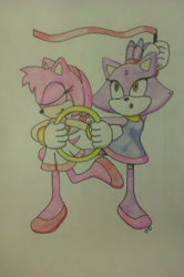 Size: 848x1280 | Tagged: safe, artist:dashknife-edge, amy rose, blaze the cat, cat, hedgehog, 2017, amy x blaze, cute, eyes closed, female, females only, gymnastic, gymnastic outfit, lesbian, mario & sonic at the olympic games, shipping, traditional media