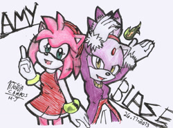 Size: 1024x757 | Tagged: safe, artist:vitoriacampos, amy rose, blaze the cat, cat, hedgehog, 2013, amy x blaze, amy's halterneck dress, blaze's tailcoat, cute, female, females only, flame, lesbian, looking at viewer, shipping, traditional media
