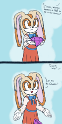 Size: 1500x3000 | Tagged: safe, artist:theowlgoesmoo, cream the rabbit, chaos emerald, comic, dialogue, english text, implied shadow, simple background