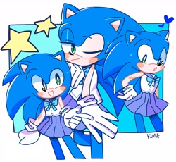 Size: 1962x1804 | Tagged: safe, artist:kumakumaoii, sonic the hedgehog, 2023, abstract background, blushing, border, bow, cute, femboy, heart, male, schoolgirl outfit, signature, smile, solo, sonabetes, standing, star (symbol), wink