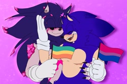 Size: 2048x1359 | Tagged: safe, artist:genesisxlivia, sonic the hedgehog, oc, oc:xenophanes, 2023, abstract background, alternate universe, bisexual, bisexual pride, black sclera, blushing, canon x oc, claws, cute, duo, duo male, eyes closed, face paint, fingerless gloves, gay, heart, holding something, holding them, looking at them, male, ocbetes, pansexual, pansexual pride, pride, pride flag, shipping, smile, sonabetes, standing, top surgery scars, trans male, trans pride, transgender