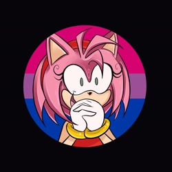 Size: 2048x2048 | Tagged: safe, artist:smolwolfy, amy rose, bisexual, bisexual pride, black background, hands together, looking offscreen, mouth open, pride, pride flag, simple background, smile, solo