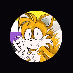 Size: 2048x2048 | Tagged: safe, artist:smolwolfy, miles "tails" prower, black background, looking at viewer, nonbinary, nonbinary pride, pride, pride flag, simple background, smile, solo, v sign