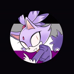 Size: 2048x2048 | Tagged: safe, artist:smolwolfy, blaze the cat, ace, asexual pride, black background, fangs, frown, looking at viewer, pride, pride flag, simple background, solo