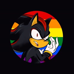 Size: 2048x2048 | Tagged: safe, artist:smolwolfy, shadow the hedgehog, black background, gay, gay pride, looking offscreen, mouth open, pride, pride flag, simple background, solo