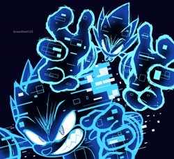 Size: 2048x1871 | Tagged: safe, artist:greenshell123, sonic the hedgehog, sonic frontiers, 2023, black background, clenched teeth, cyber form, cyber sonic, flying, looking ahead, male, simple background, solo, sonic frontiers: final horizon