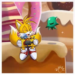 Size: 2048x2048 | Tagged: safe, artist:riotaiprower, jade wisp, miles "tails" prower, wisp, 2023, abstract background, donut, duo, eyes closed, genderless, holding something, male, miles electric, mouth open, signature, sitting, sonic colors, sweet mountain