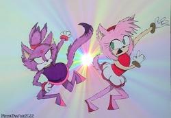 Size: 2527x1734 | Tagged: safe, artist:pizzathefox, amy rose, blaze the cat, cat, hedgehog, 2022, amy x blaze, cute, female, females only, lesbian, looking at each other, mouth open, shipping, traditional media