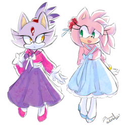 Size: 1000x1024 | Tagged: safe, artist:beidia, amy rose, blaze the cat, cat, hedgehog, 2019, amy x blaze, cute, dress, female, females only, lesbian, looking at each other, shipping