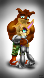 Size: 1279x2285 | Tagged: safe, artist:jac59col, bunnie rabbot, crossover, crunch bandicoot, hugging