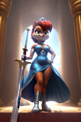 Size: 768x1152 | Tagged: safe, ai art, sally acorn, backlit, boots, from below, gown, heels, looking at viewer, smiling, sunlight, sword, tiara