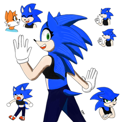 Size: 1000x1000 | Tagged: safe, artist:kawaiiblue18, sonic the hedgehog, crop top, duo, female, gender swap, pants, simple background, solo focus, white background