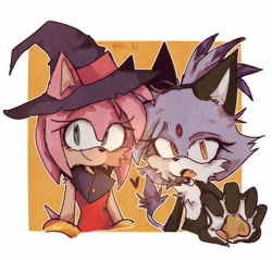 Size: 2048x1959 | Tagged: safe, artist:k4i__xx, amy rose, blaze the cat, cat, hedgehog, 2023, amy x blaze, costume, cute, female, females only, halloween, lesbian, looking at viewer, shipping