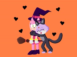 Size: 4000x3000 | Tagged: safe, artist:sunoluno_, amy rose, blaze the cat, cat, hedgehog, 2023, amy x blaze, broom, costume, cute, eyes closed, female, females only, halloween, hearts, hugging, lesbian, mouth open, shipping