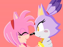 Size: 4000x3000 | Tagged: safe, artist:sunoluno_, amy rose, blaze the cat, cat, hedgehog, 2023, amy x blaze, amy's halterneck dress, blaze's tailcoat, blushing, cute, eyes closed, female, females only, lesbian, noses are touching, shipping
