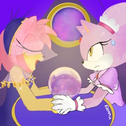Size: 1280x1280 | Tagged: safe, artist:klonmix, amy rose, blaze the cat, cat, hedgehog, 2023, amy x blaze, crystal ball, cute, eyes closed, female, females only, fortune teller, holding hands, lesbian, mouth open, shipping, sweatdrop