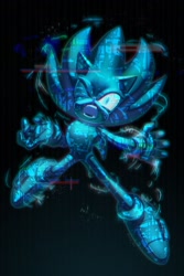 Size: 1365x2048 | Tagged: safe, artist:rero_nn, sonic the hedgehog, sonic frontiers, 2023, black background, cyber form, cyber sonic, fangs, mid-air, mouth open, one eye closed, simple background, solo, sonic frontiers: final horizon
