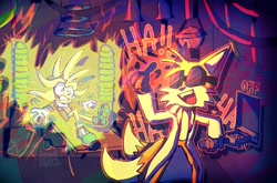 Size: 2048x1348 | Tagged: safe, artist:lunaristar, miles "tails" prower, silver the hedgehog, 2023, abstract background, duo, electricity, experiment, frown, goggles, indoors, lab coat, laughing, lever, mouth open, pain, shrunken pupils, smile, standing