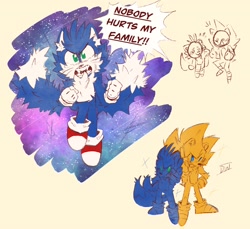Size: 2048x1872 | Tagged: safe, artist:donelywell, miles "tails" prower, sonic the hedgehog, super sonic, super tails, 2023, alternate super form, dialogue, duo, english text, signature, simple background, super form, whiskers