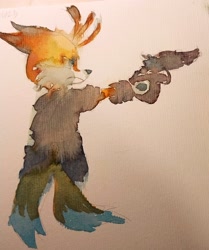 Size: 1711x2048 | Tagged: safe, artist:studioboner, miles "tails" prower, nine, sonic prime, 2023, frown, gun, holding something, looking ahead, standing, traditional media