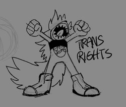 Size: 788x669 | Tagged: safe, artist:renketroo, oc, oc:rigby, 2020, binder, clenched fists, english text, grey background, line art, mouth open, nonbinary, oc only, sharp teeth, simple background, standing, trans rights