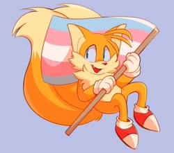 Size: 1300x1150 | Tagged: safe, artist:windyvaiieyy, miles "tails" prower, 2020, blue background, cute, dawww, flag, holding something, looking back, mouth open, one fang, pride, pride flag, simple background, smile, solo, tailabetes, trans pride, transgender