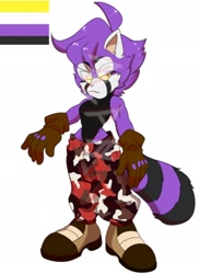 Size: 1400x1920 | Tagged: safe, artist:montero_lykoi, oc, raccoon, 2023, brown gloves, gloves, lidded eyes, looking offscreen, nonbinary, oc only, pants, shoes, simple background, solo, watermark, white background