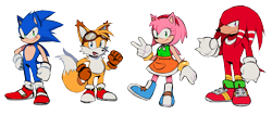 Size: 3758x1597 | Tagged: safe, artist:omegahaunter, amy rose, knuckles the echidna, miles "tails" prower, sonic the hedgehog, alternate shoes, brown gloves, dress, goggles, goggles on head, group, looking at viewer, redesign, simple background, smile, standing, transparent background