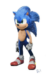 Size: 422x631 | Tagged: safe, artist:nikcoldsneak, sonic the hedgehog, 2019, edit, lineless, looking ahead, movie style, redesign, signature, simple background, smile, solo, standing, white background