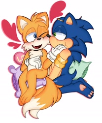 Size: 1200x1450 | Tagged: safe, artist:kentowo0, miles "tails" prower, sonic the hedgehog, 2023, barefoot, blushing, duo, gay, gloves off, heart, lidded eyes, looking at each other, one fang, pawpads, paws, pillow, shipping, sitting, smile, sonic x tails