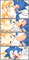 Size: 500x1024 | Tagged: safe, artist:giaoux, miles "tails" prower, sonic the hedgehog, ..., :>, blushing, comic, cute, dialogue, duo, embarrassed, gay, heart, lidded eyes, looking at each other, panels, question mark, shipping, shrunken pupils, simple background, sonabetes, sonic x tails, spanish text, standing, sweatdrop, tailabetes, white background