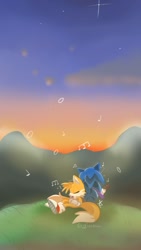 Size: 720x1280 | Tagged: safe, artist:giaoux, miles "tails" prower, sonic the hedgehog, abstract background, blushing, clouds, duo, eyes closed, gay, guitar, heart, musical note, musical notes, outdoors, shipping, signature, sitting, sonic x tails, sunset
