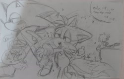 Size: 2048x1308 | Tagged: safe, artist:giaoux, amy rose, miles "tails" prower, sonic the hedgehog, 2023, blushing, bottle, dialogue, drunk, duo focus, embarrassed, frown, gay, holding another's arm, holding something, pencilwork, shipping, sketch, sonic x tails, spanish text, speech bubble, sweatdrop, traditional media, trio, walking