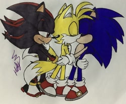 Size: 2048x1689 | Tagged: safe, artist:mxlyzone, miles "tails" prower, shadow the hedgehog, sonic the hedgehog, gay, holding hands, holding them, kiss, polyamory, shadails, shadow x sonic, shipping, signature, smile, sonadails, sonic x tails, standing, traditional media, trio