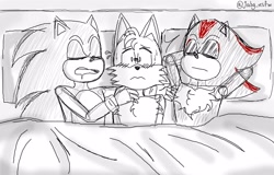 Size: 2048x1311 | Tagged: safe, artist:honeyitsjabg, miles "tails" prower, shadow the hedgehog, sonic the hedgehog, bed, blushing, drooling, gay, indoors, lying down, polyamory, shadails, shadow x sonic, shipping, signature, sleeping, sonadails, sonic x tails, trio, w.i.p