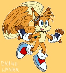 Size: 1200x1329 | Tagged: safe, artist:twinoxx2, miles "tails" prower, 2023, arms out, backpack, fingerless gloves, flying, goggles, goggles on head, inktober, looking ahead, one fang, outline, simple background, solo, spinning tails, yellow background