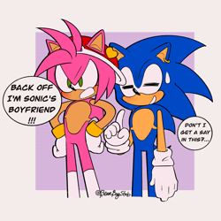 Size: 2048x2048 | Tagged: safe, artist:beanbagstab, amy rose, sonic the hedgehog, abstract background, amy x sonic, annoyed, backwards cap, blushing, dialogue, duo, ear piercing, earring, english text, gay, half r63 shipping, shipping, speech bubble, standing, sweatdrop, top surgery scars, trans male, transgender