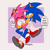 Size: 2048x2048 | Tagged: safe, artist:beanbagstab, amy rose, sonic the hedgehog, abstract background, amy x sonic, backwards cap, blushing, carrying them, dialogue, duo, ear piercing, earring, english text, gay, half r63 shipping, shipping, smile, speech bubble, top surgery scars, trans male, transgender