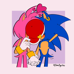 Size: 2048x2048 | Tagged: safe, artist:beanbagstab, amy rose, sonic the hedgehog, amy x sonic, backwards cap, blushing, duo, ear piercing, earring, gay, half r63 shipping, hand behind head, heart, holding something, implied kissing, shipping, standing, top surgery scars, trans male, transgender, wagging tail